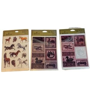 Vintage Hallmark Stickers Seals Lot Horses Antique Car Biplane Rooster 3 Packs